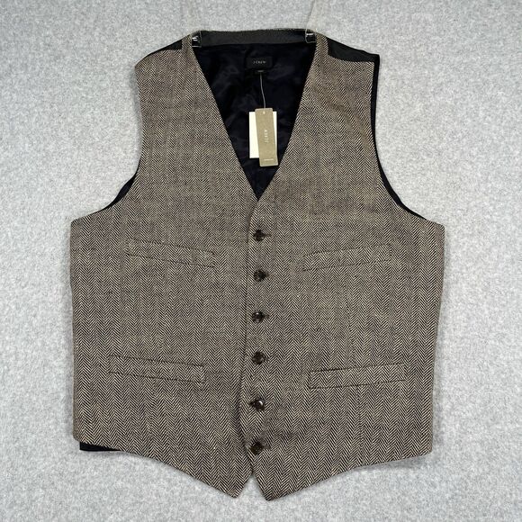 J Crew Ludlow Suit Vest Waistcoat Sz M Brown Herringbone Italian Linen 6 Button - Picture 1 of 12